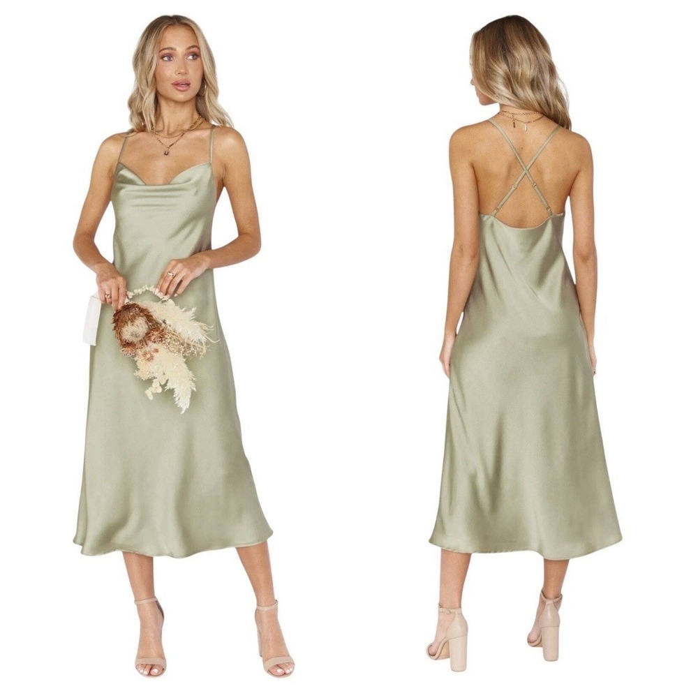Show Me Your Mumu Verona Cowl Slip Dress XL Green Satin Midi Criss Cross‎ Back